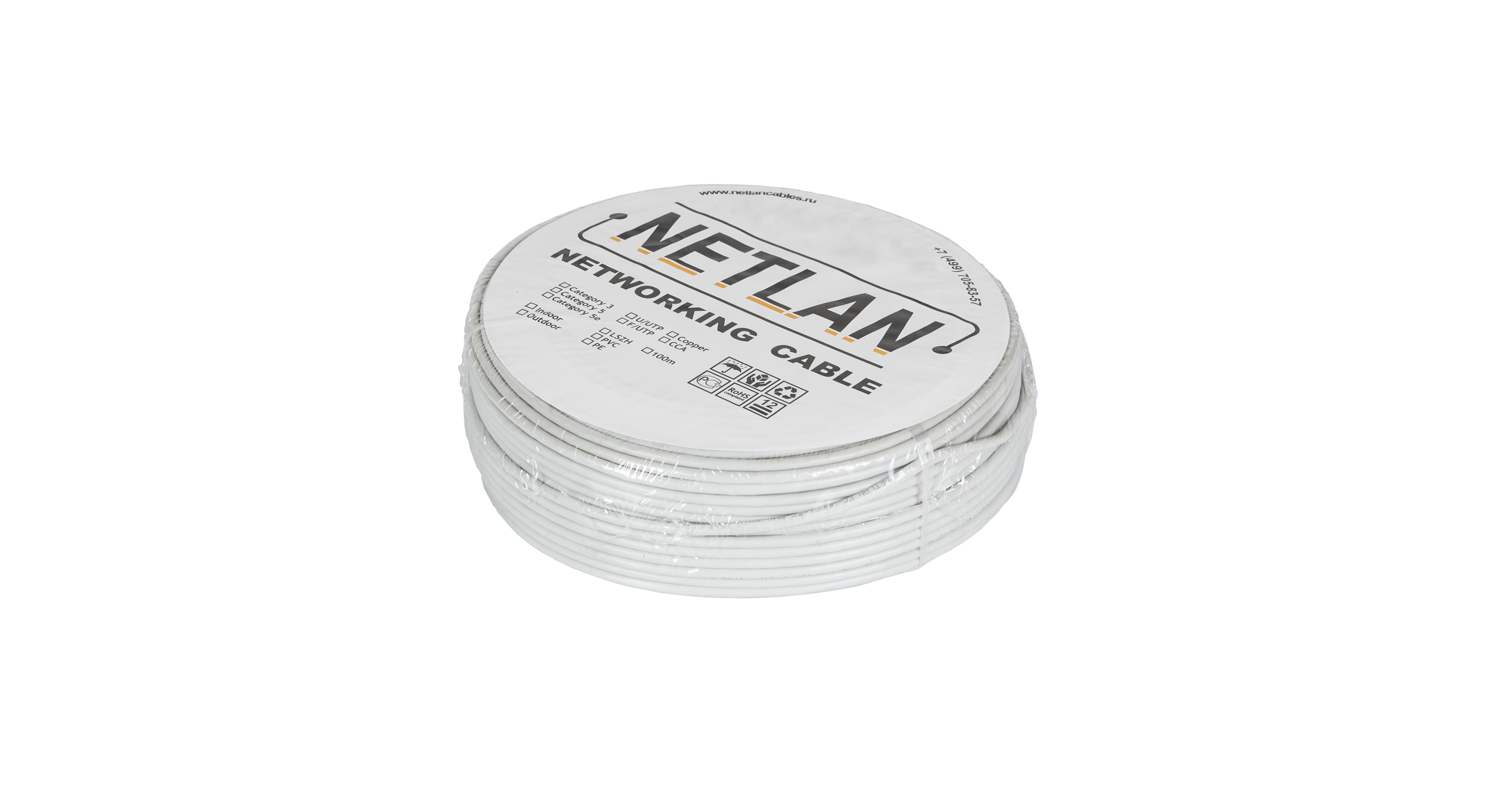 Кабель витая пара Netlan U/UTP 4 пары, Кат.5e, медный, PVC, 100м серый